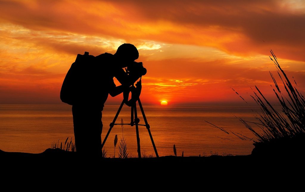 sunset, photographer, camera, tripod, sun, black, silhouette, sky, orange, landscape, outdoor, photography, nature, light, equipment, tourist, person, evening, man